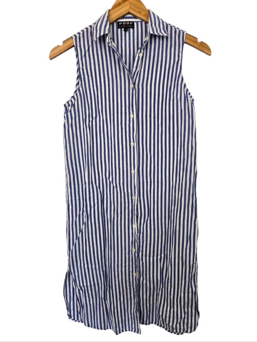 💙 Poof New York Blue & White Striped Sleeveless Shirt Dress | Button Front | Si - Picture 2 of 5